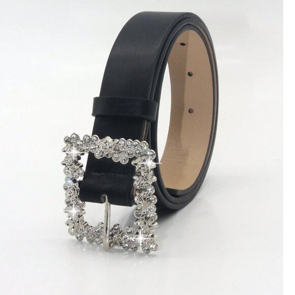 Vegan Leather Rhinestone Decor Metal Square Buckle Belt - Picture 2 of 4